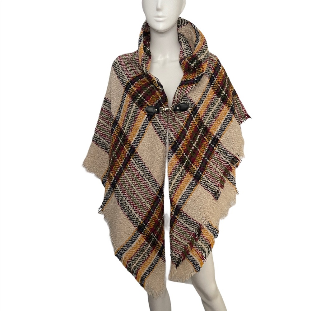 Plaid Print Cape Shawl Poncho One Size